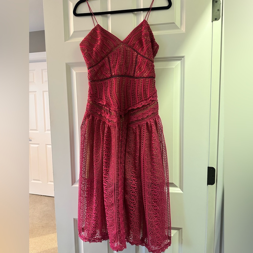 Self-Portrait Flared Guipure Lace Midi Dress- Fuschia, size US 4